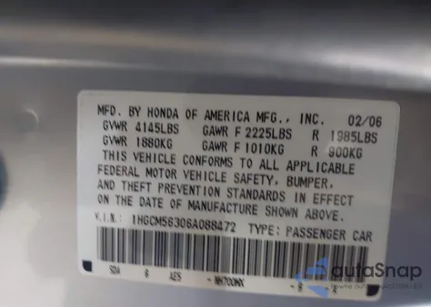 2006 Honda Accord 2.4 Se из США, поврежденный, VIN 1HGCM56306A088472